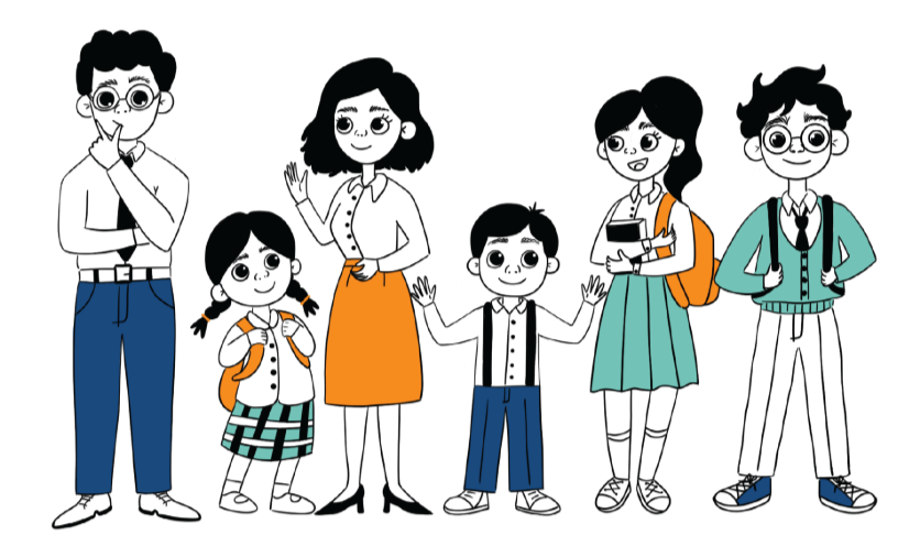 Be!Savad xarakterləri ilə şagirdlərin və müəllimlərin təsviri. Əsas səhifədə onlayn təhsil platformasının giriş fotosu